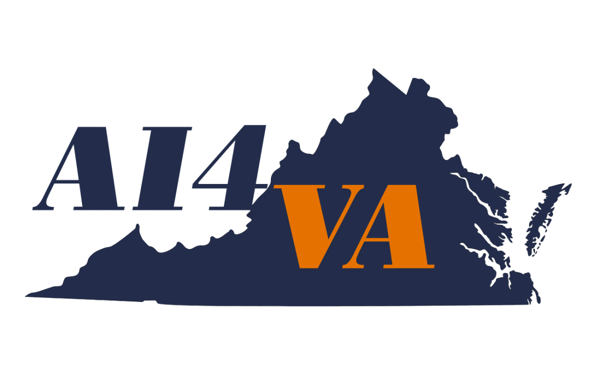The shape of the state of Virginia in navy blue with the phrase 